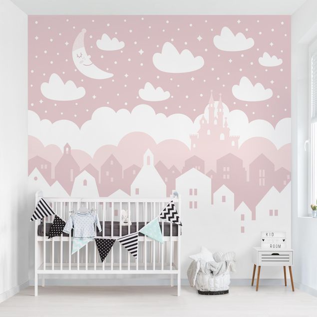 Decoración habitación infantil Starry Sky With Houses And Moon In Pink