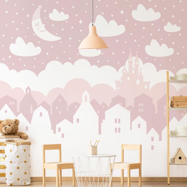 Papel pintado rosa Starry Sky With Houses And Moon In Pink