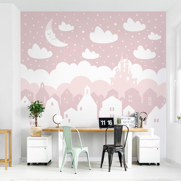 Papel pintado Starry Sky With Houses And Moon In Pink