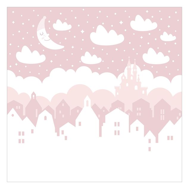Fotomural - Starry Sky With Houses And Moon In Light Pink