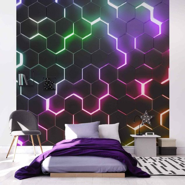 Papel 3d para pared Hexagonal Pattern With Neon Light