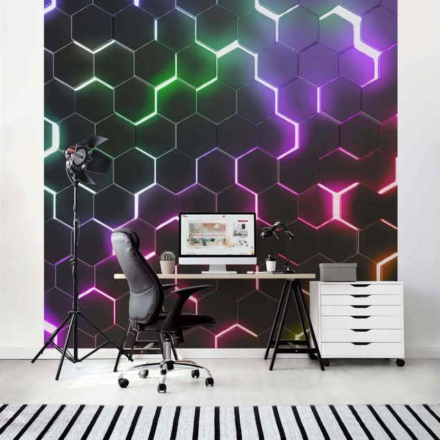 Papel pintado con patrones Hexagonal Pattern With Neon Light