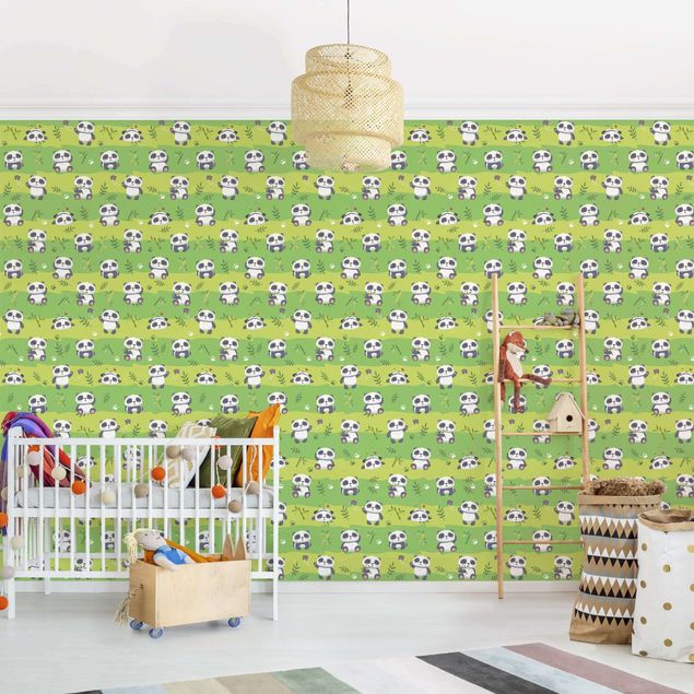 Decoración habitación infantil Cute Panda Bears Wallpaper Green