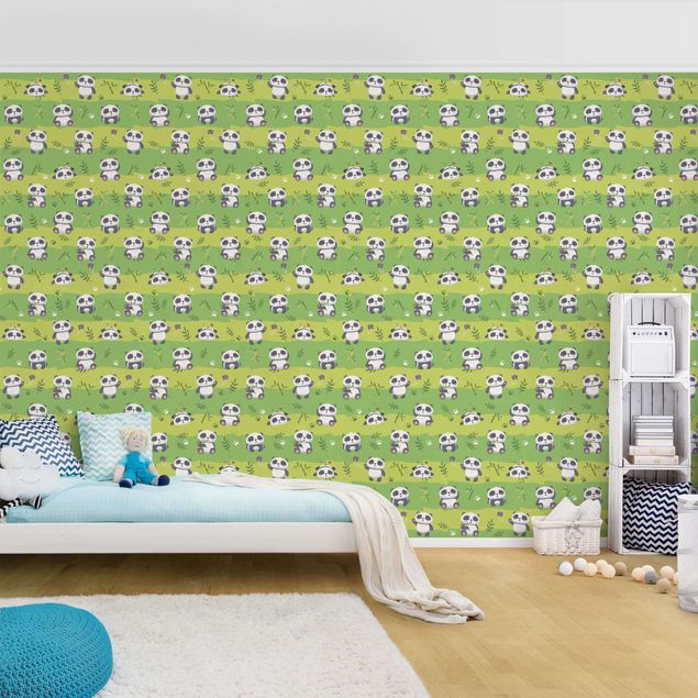 Papel pintado con patrones Cute Panda Bears Wallpaper Green