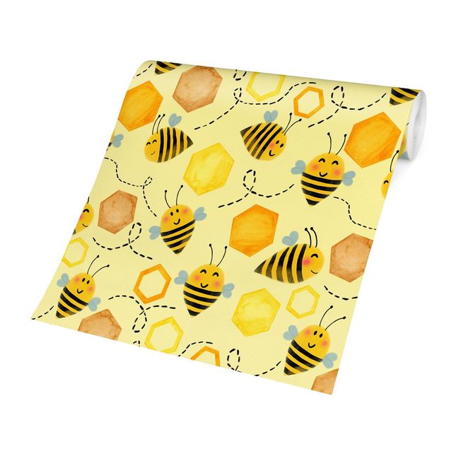 Papel pintado amarillo Sweet Honey With Bees Illustration