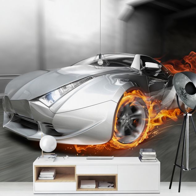 Papel 3d para pared Supercar In Flames