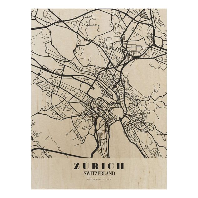 Cuadros de madera con frases Zurich City Map - Classic