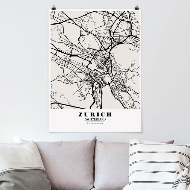 Láminas blanco y negro para enmarcar Zurich City Map - Classic