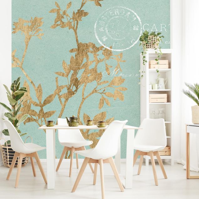 Papel pintado flores Golden Leaves On Turquoise I
