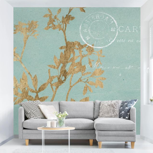 Papel pintado dormitorio vintage Golden Leaves On Turquoise I