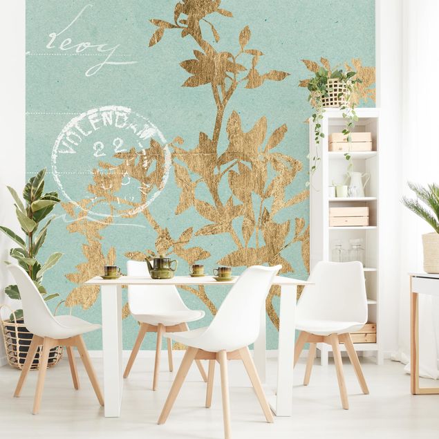 Papel pared flores Golden Leaves On Turquoise II