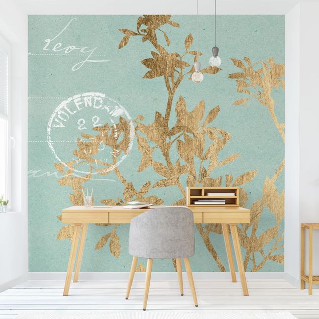 Papel pared vintage Golden Leaves On Turquoise II