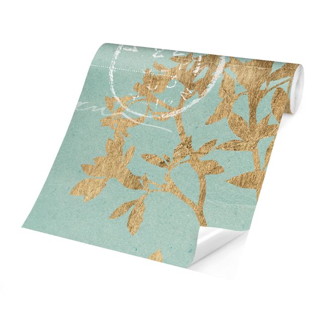 Papel pared turquesa Golden Leaves On Turquoise II