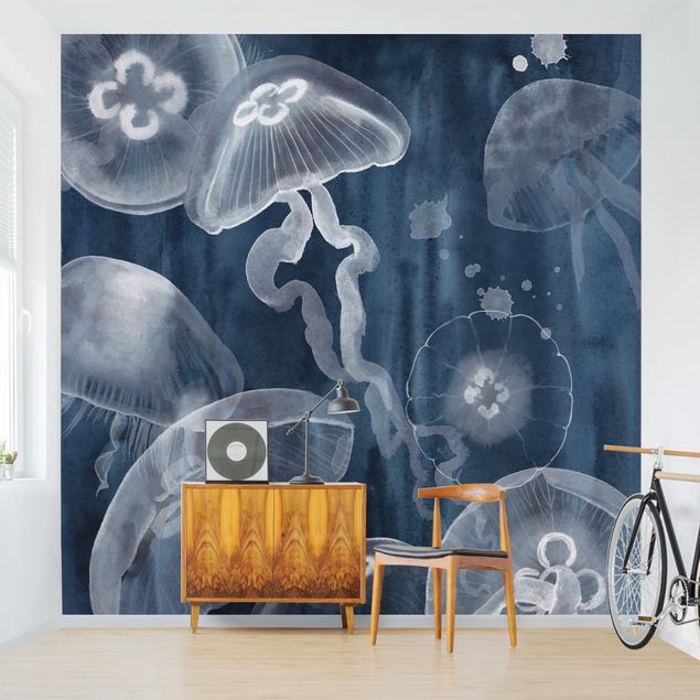 Papel pintado tonos azules Moon Jellyfish I
