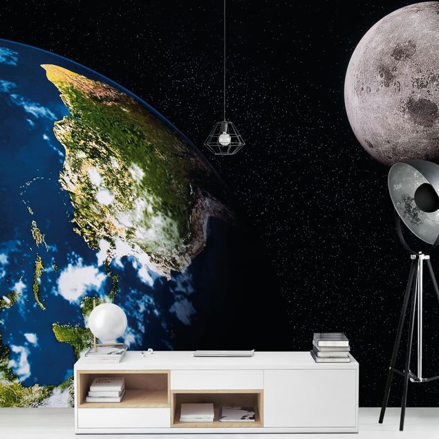 Papel pintado fondo negro Moon and Earth