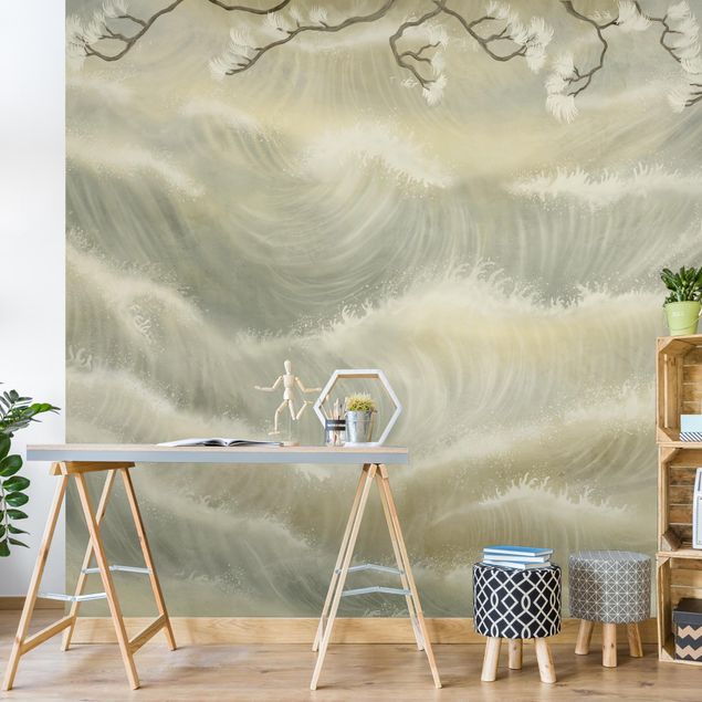 Papel pintado mar Raging Waves with Flowers