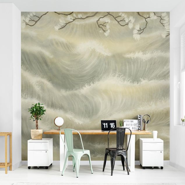 Papel pintado moderno Raging Waves with Flowers