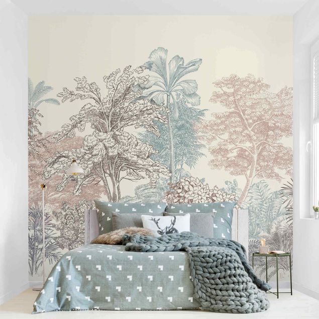 Papel pintado floral Tropical Forest With Palm Trees In Pastel