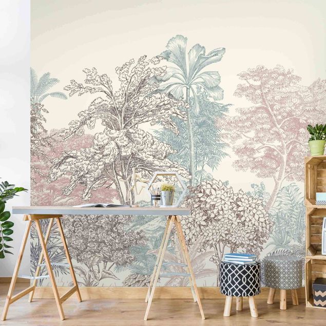 Papel pintado moderno Tropical Forest With Palm Trees In Pastel