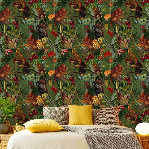 Papel pintado floral Tropical Flowers With Monkeys