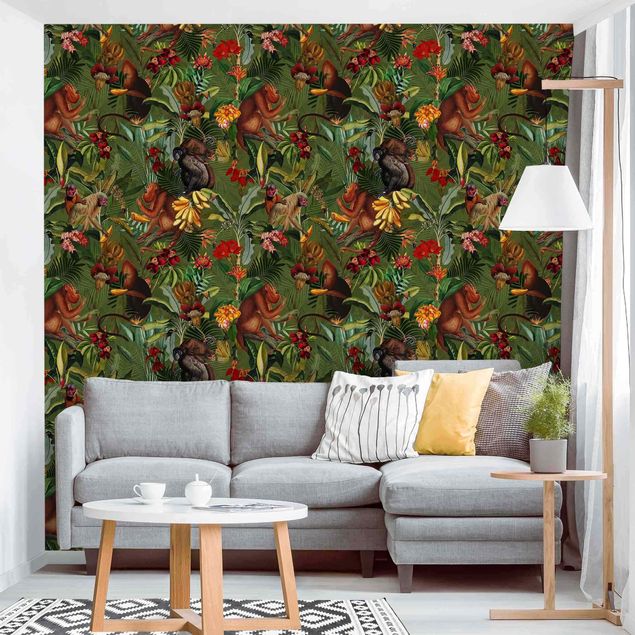 Papel pintado moderno Tropical Flowers With Monkeys