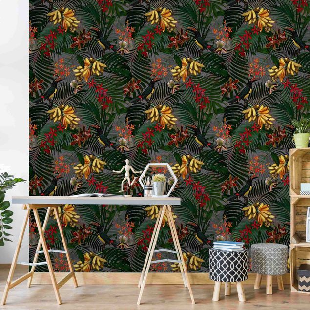 Papel pintado aves Tropical Ferns With Tucan Green