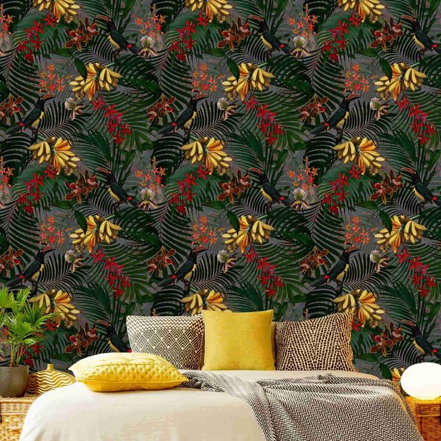Papel pared flores Tropical Ferns With Tucan Green