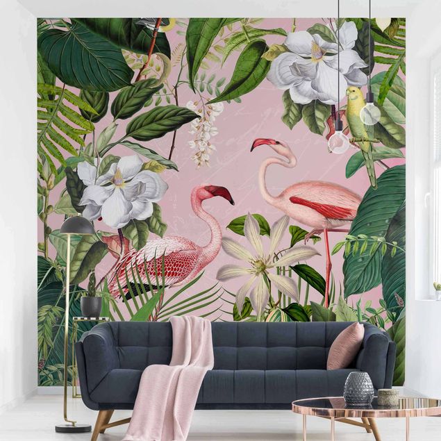 Papel pintado flamenco Tropical Flamingos With Plants In Pink
