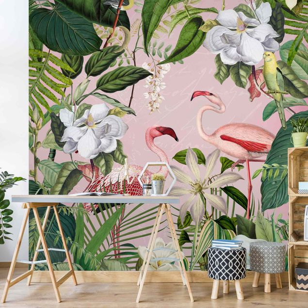 Papel pintado aves Tropical Flamingos With Plants In Pink