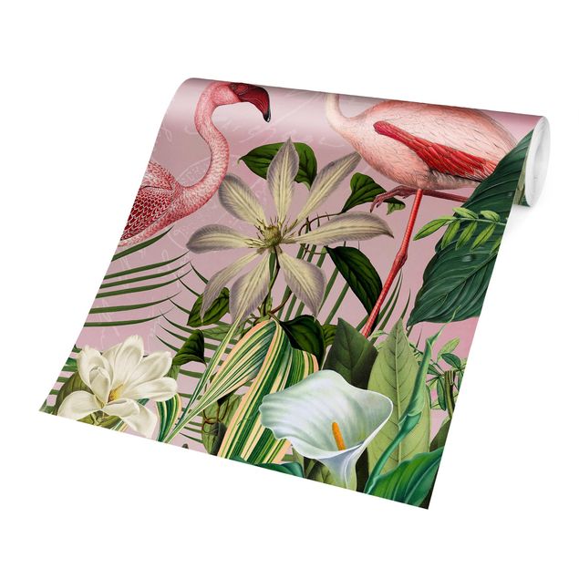 Papel pintado moderno Tropical Flamingos With Plants In Pink