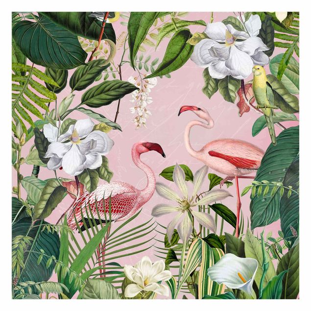 Papel pintado vintage Tropical Flamingos With Plants In Pink