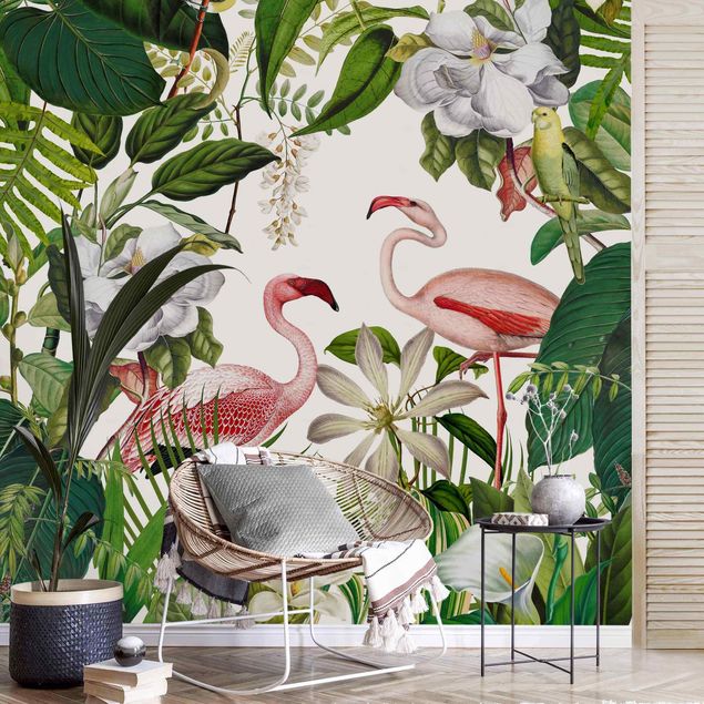 Papel pintado flamenco Tropical Flamingos With Plants