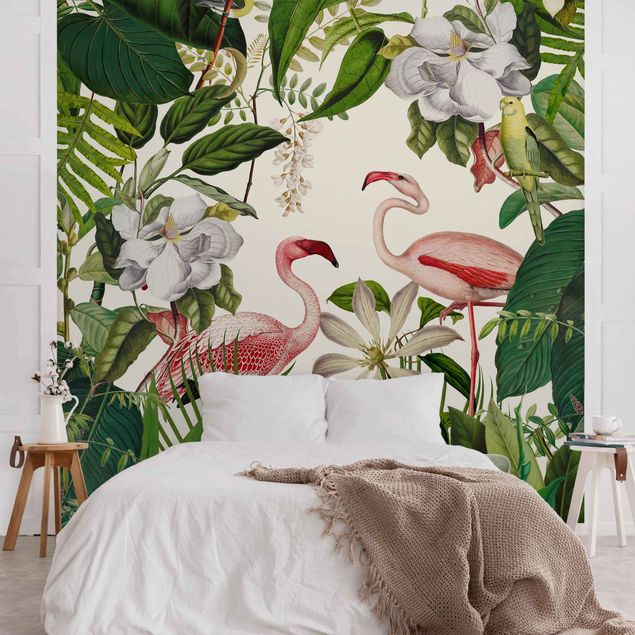 Papel pintado floral Tropical Flamingos With Plants