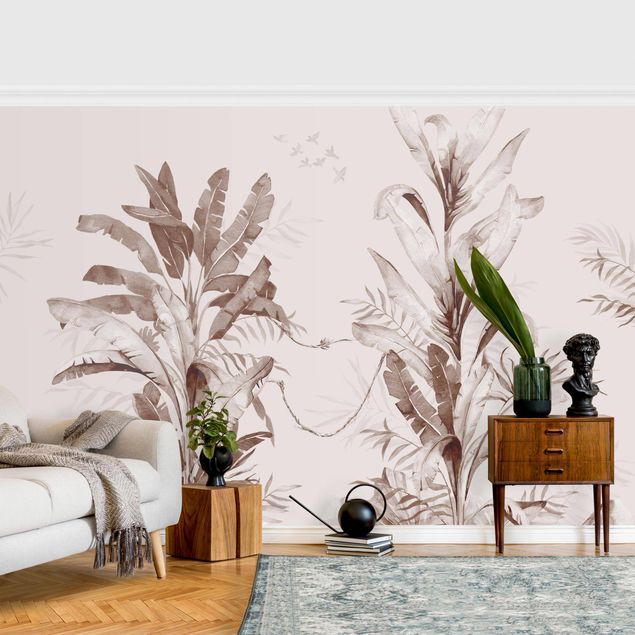 Papel pintado floral Tropical Palm Trees And Leaves Sepia