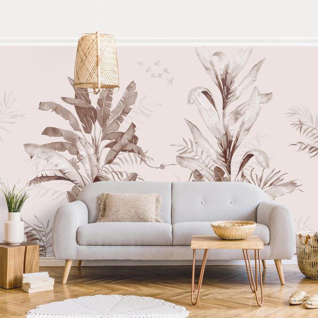 Papel pintado moderno Tropical Palm Trees And Leaves Sepia