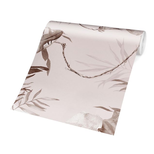 Papel pintado beige Tropical Palm Trees And Leaves Sepia