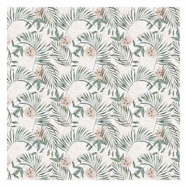 Papel pintado verde Tropical Palm Bows With Roses Watercolour