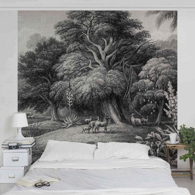 Papel pared flores Tropical Copperplate Engraving In Warm Grey