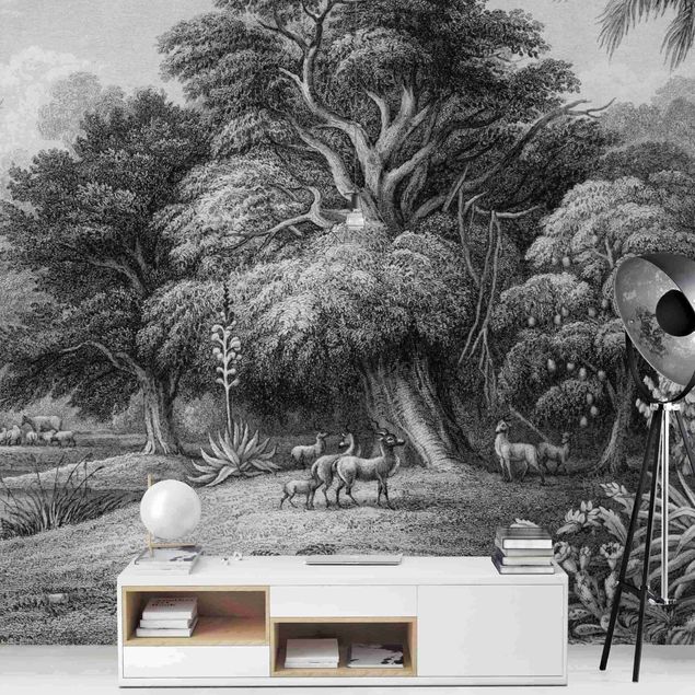 Papel pintado salón moderno Tropical Copperplate Engraving In Warm Grey