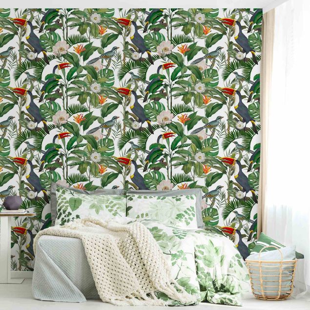 Papel pintado aves Tropical Toucan With Monstera And Palm Leaves