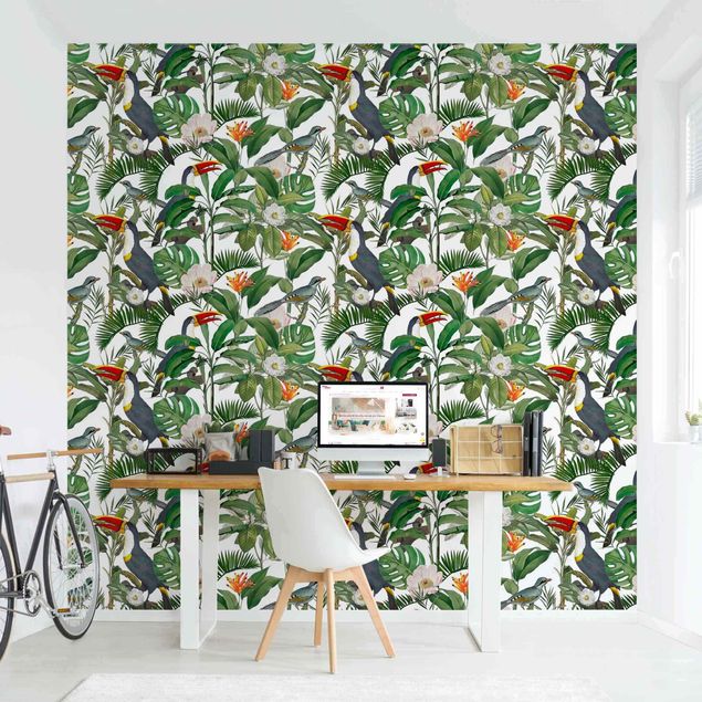 Papel pintado flores Tropical Toucan With Monstera And Palm Leaves