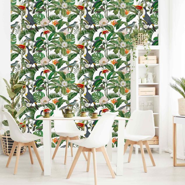 Papel pintado con patrones Tropical Toucan With Monstera And Palm Leaves