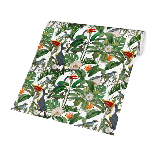 Papeles pintados modernos Tropical Toucan With Monstera And Palm Leaves