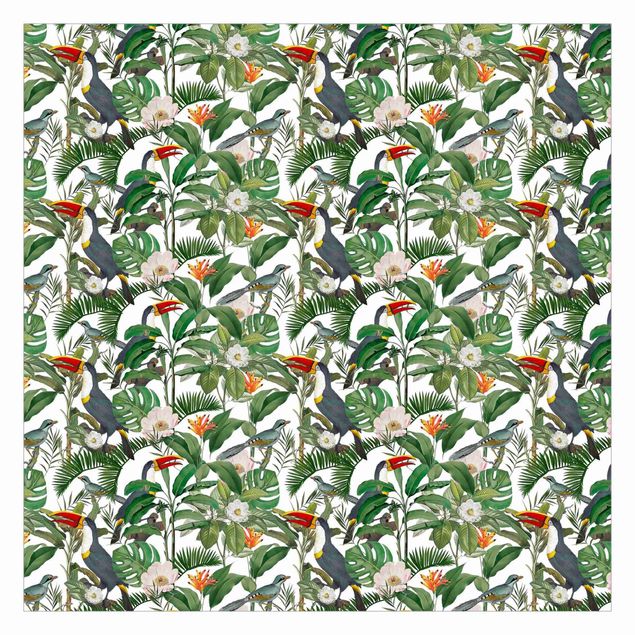 Papel pintado tonos verdes Tropical Toucan With Monstera And Palm Leaves
