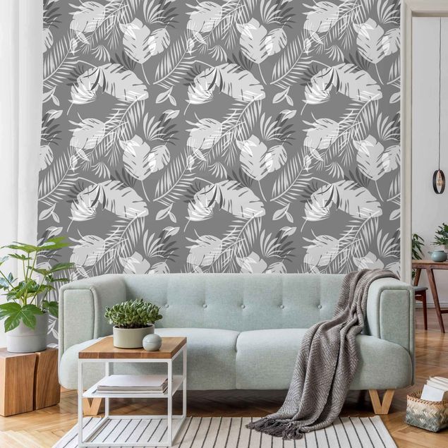 Papel pared flores Tropical Outlines Pattern In Grey