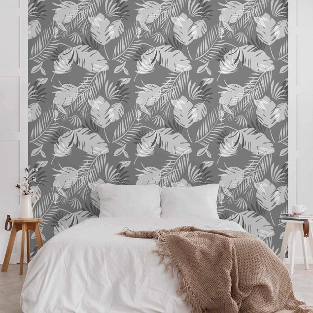 Papel pintado con patrones Tropical Outlines Pattern In Grey