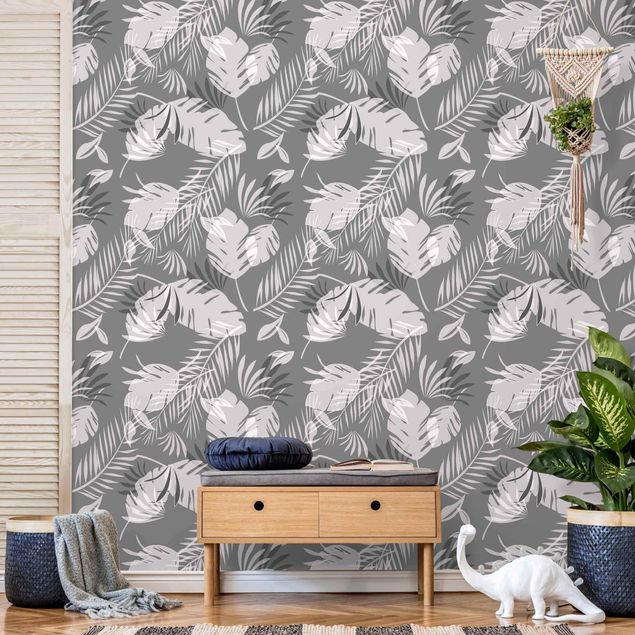 Papel pintado salón moderno Tropical Outlines Pattern In Grey