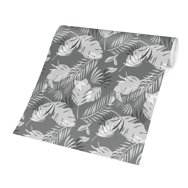 Papel pared gris Tropical Outlines Pattern In Grey