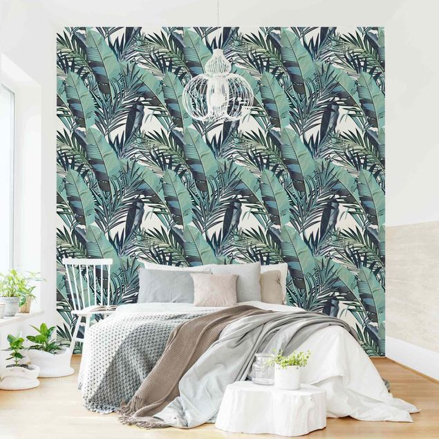 Papel pintado con patrones Turquoise Leaves Jungle Pattern