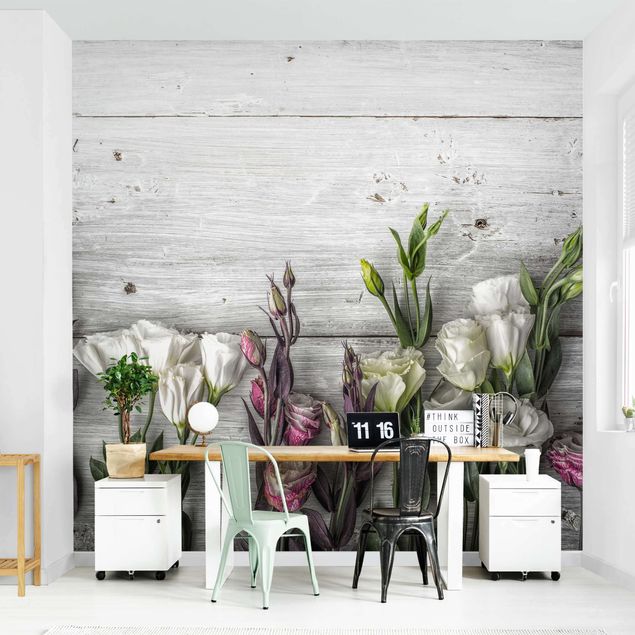 Papel pared flores Tulip Rose Shabby Wood Look